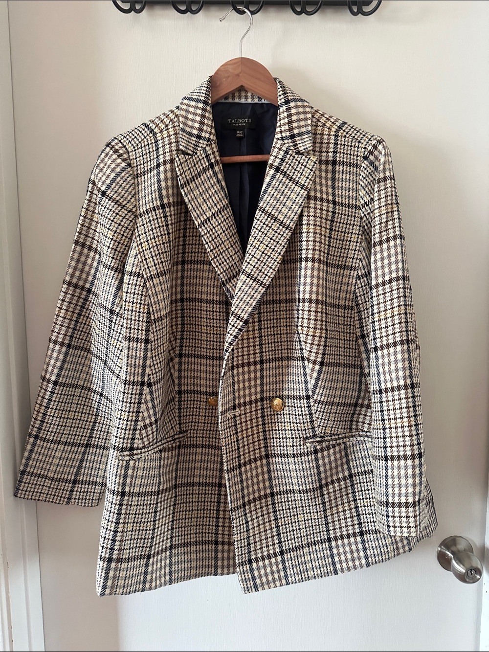 Talbots Brown and Cream Plaid Double-Breasted Blazer
